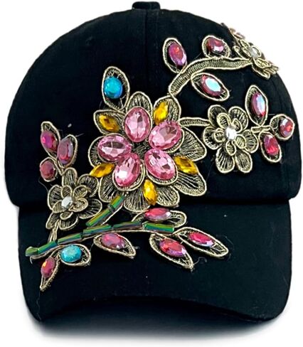 Colorful Rhinestone Baseball Cap Women Studded Big Crystals Denim Hat Bling Flower Sequin Sun Protection Duckbill Hat in Kuwait