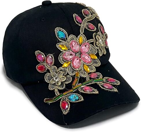 Colorful Rhinestone Baseball Cap Women Studded Big Crystals Denim Hat Bling Flower Sequin Sun Protection Duckbill Hat in Kuwait