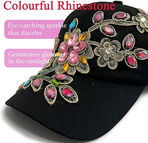 Colorful Rhinestone Baseball Cap Women Studded Big Crystals Denim Hat Bling Flower Sequin Sun Protection Duckbill Hat in Kuwait