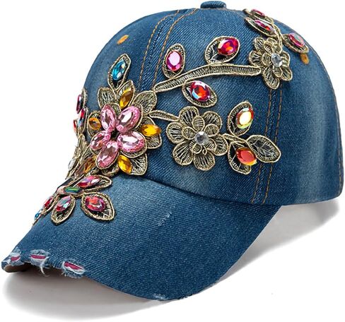 Colorful Rhinestone Baseball Cap Women Studded Big Crystals Denim Hat Bling Flower Sequin Sun Protection Duckbill Hat in Kuwait