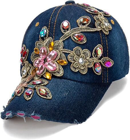 Colorful Rhinestone Baseball Cap Women Studded Big Crystals Denim Hat Bling Flower Sequin Sun Protection Duckbill Hat in Kuwait