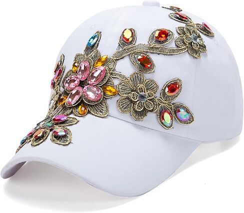 Colorful Rhinestone Baseball Cap Women Studded Big Crystals Denim Hat Bling Flower Sequin Sun Protection Duckbill Hat in Kuwait