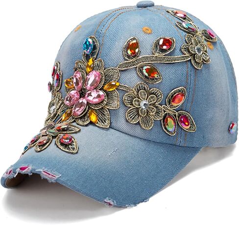 Colorful Rhinestone Baseball Cap Women Studded Big Crystals Denim Hat Bling Flower Sequin Sun Protection Duckbill Hat in Kuwait