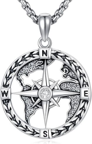 Compass Necklace 925 Sterling Silver Longitude Compass World Map Necklace Graduation Gift Jewelry for Men Women in Saudi Arabia