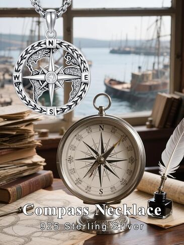 Compass Necklace 925 Sterling Silver Longitude Compass World Map Necklace Graduation Gift Jewelry for Men Women in Saudi Arabia