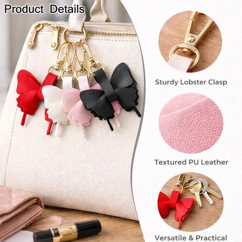 4PCS Butterfly Keychain Set Cute Purse Pendant Accessory Car Key Holder PU Leather Bow Key Ring Charm for Women & Girls (Black, White, Pink, Red) in Saudi Arabia