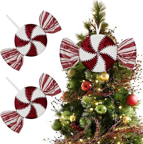 15" Large Red White Peppermint Candy Christmas Ornament Set of 2 Hanging Swirl Velvet Candy Cane Decorations for Xmas Tree Topper Party Holiday Decor (Red White) in Saudi Arabia