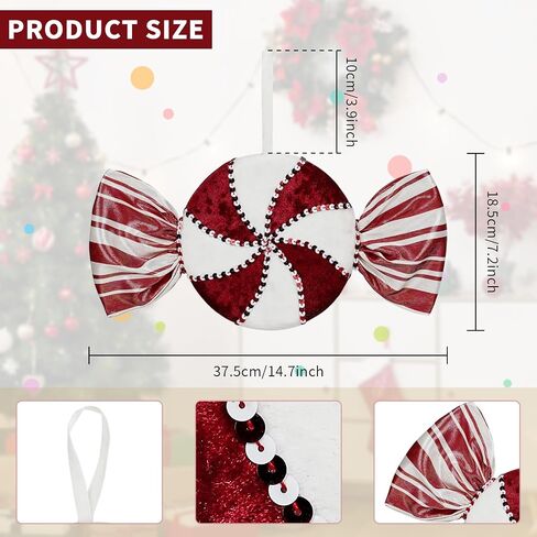 15" Large Red White Peppermint Candy Christmas Ornament Set of 2 Hanging Swirl Velvet Candy Cane Decorations for Xmas Tree Topper Party Holiday Decor (Red White) in Saudi Arabia