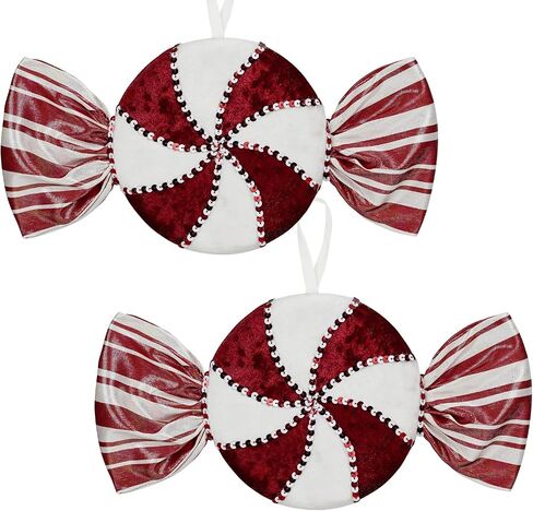 15" Large Red White Peppermint Candy Christmas Ornament Set of 2 Hanging Swirl Velvet Candy Cane Decorations for Xmas Tree Topper Party Holiday Decor (Red White) in Saudi Arabia