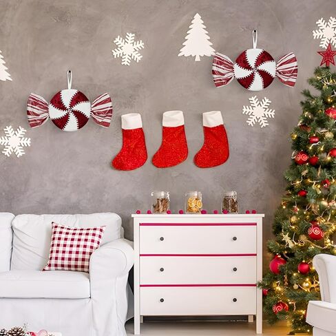 15" Large Red White Peppermint Candy Christmas Ornament Set of 2 Hanging Swirl Velvet Candy Cane Decorations for Xmas Tree Topper Party Holiday Decor (Red White) in Saudi Arabia