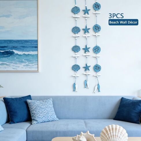 3pcs Hanging Coastal Wall Decor, Minimalist Mediterranean Style Wall Ornament with Starfish and Seashells, Beach Wall Decor for Indoor in Saudi Arabia
