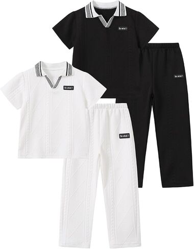Boy Outfits Summer V Neck Short Sleeve Shirts and Pants Sets Fashion Jacquard Casual Clothing for Kids 4 pieces in Kuwait