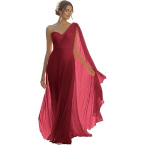 Women's One Shoulder Chiffon Bridesmaid Dress Ruched Sweetheart Formal Evening Gown with Fluttering Cape Sleeve FP99 in Saudi Arabia