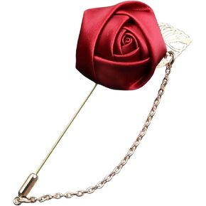 Wine Red Rose Flower Lapel Pin, Handmade Gold Leaf Floral Boutonniere, Satin Tassel Chain Suit Brooch, Wedding Tuxedo Corsage Accessory for Men Groom Groomsman Party in Saudi Arabia