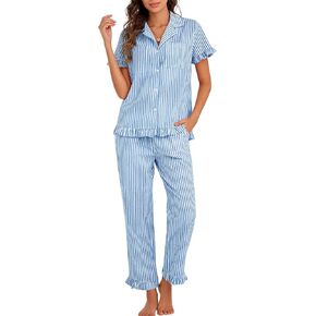 COZYPOIN Women's Cotton Pajama Sets Striped Short Sleeve Top Long Pants 2 Piece Pjs Sets Cute Ruffle Sleepwear Loungewear(Blue-L) in Saudi Arabia