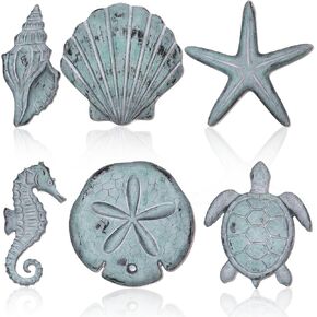 Yerliker 6 Pcs Beach Wall Decor Summer Coastal Ocean Wall Art Vintage Seashell Starfish Nautical Hanging Wooden Decor for Farmhouse Bathroom Living Room Home Bedroom Gift(Wood Color) in Kuwait