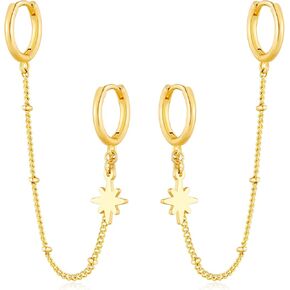 Gold Chain Hoop Earrings for Women 14K Gold Plated Double Piercing Earrings Dainty Small Huggie Hoop Minimalist Dangle Chain Star Earrings Jewelry Gift in Saudi Arabia