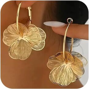 Dainty Gold Boho Textured Flower Hoop Earring for Women, Statement Unique Ginkgo Leaf Floral Petal Drop Dangle Earrings Vintage Party Holiday Jewelry in Saudi Arabia