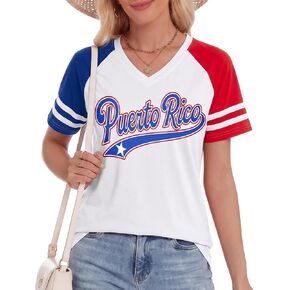 Puerto Rican Shirt for Women Pride Color Block Tee Tops Fashion V-Neck Short Sleeve Shirts Puerto Rico Flag T-Shirt in Saudi Arabia