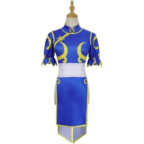 Game Chun Li Cosplay Costume Blue Cheongsam with Accessories Halloween Carnival Party Costume in Saudi Arabia