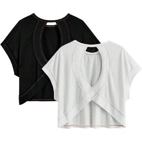 QJQ Women's 2 Packs Open Back Workout Tees Y2k Cut Out Short Sleeve Backless Running T Shirts in Saudi Arabia