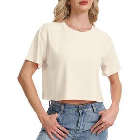 KEEPSHOWING Women's Crop Top Shirts Short Sleeve Crew Neck Loose Fit Drop Shoulder Basic Cropped Tee for Summer Casual in Saudi Arabia