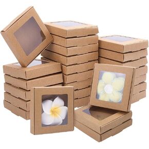 PH PandaHall 30pcs Kraft Paper Boxes with Window, 3.7"x3.7"x0.7" Small Gift Boxes Candy Treat Packaging Small Homemade Soap Box for Chocolate Candy Cookies Party Favors Jewelry Display in Kuwait