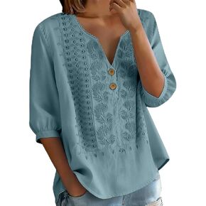 Embroidered Tops for Women - 3/4 Sleeve Cotton Linen Shirts Button Up V Neck Peasant Blouses Dressy Casual Clothes in Saudi Arabia