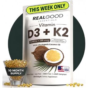 RealGood Essentials Vitamin D3 K2، D3 K2 مكمل فيتامين 10000 وحدة دولية، K2 MK7 200 ميكروجرام، كبسولات زيت جوز الهند الطرية، تركيبة صحية للعظام والقلب، سهلة البلع، ملصق نظيف، صنع في الولايات المتحدة الأمريكية، 300 عدد in Kuwait