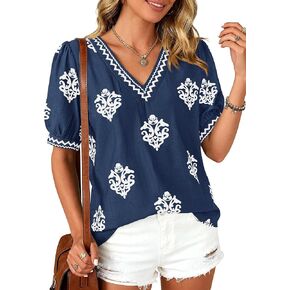 BTFBM Casual Summer Shirts for Women Beach Fashion Going Out Tops Vacation Short Sleeve Floral Boho Blouses Tunics(Blue White Flower,Medium) in Kuwait