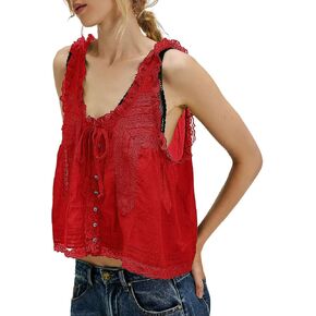 Women Sleeveless Lace Trim Tank Tops Beach Vacation 2026 Button Down Front Tie Mesh Chiffon Crop Tops in Saudi Arabia