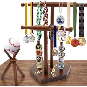 Wooden Baseball Ring and Necklace Holder Stand, 2-Tier Drip Jewelry Organizer for Baseball Softball Player, 2 Bat Hangers for Necklaces & Bracelets, Championship Ring Display Case, Sports Gift in Saudi Arabia