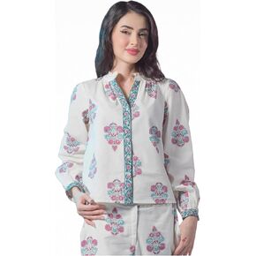 Cotton White Jaipur Block Print with Mandarin Collar, Regular Ethnic Motif Shirts for Women in Saudi Arabia