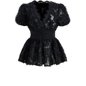 Women's Summer Lace Peplum Tops Elegant Ruched Deep V Neck Puff Sleeve Blouse Going Out Outfits in Saudi Arabia