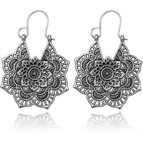 Boho Chic Handmade Hollow Shield Shape with Hammered Drop Earrings for Women Vintage Statement Antique Ethnic Earrings Vintage Gold Silver Plated Hollow Earrings Jewelry Gifts in Kuwait