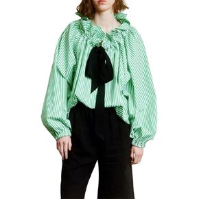 Women Elegant Stripe Print Shirt Ruffled Neckline Long Lantern Sleeve Loose Blouse Casual Going Out Tops Streetwear in Saudi Arabia