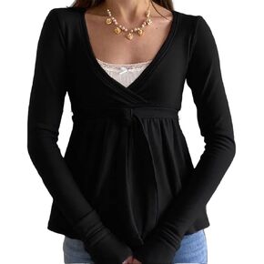 Women Y2k Fairy Lace Patchwork Babydoll Shirt Long Sleeve Peplum Top Vintage Harajuku Aesthetic Slim Blouse in Saudi Arabia