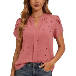 SANGTREE Women's Heart Print V-Neck Short Sleeve Blouse Summer Casual Office Shirt in Kuwait