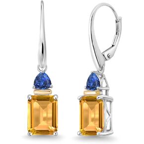 Gem Stone King 5.19 Cttw Yellow Citrine and Blue Created Sapphire Earrings For Women | 925 Silver and 10K Yellow Gold | Gemstone Birthstone | Emerald Cut 9X7MM and Trillion 4MM in Saudi Arabia