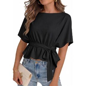 Womens Summer Tie Front Blouses 2026 Crew Neck Batwing Short Sleeve Basic Tops Shirts in Saudi Arabia