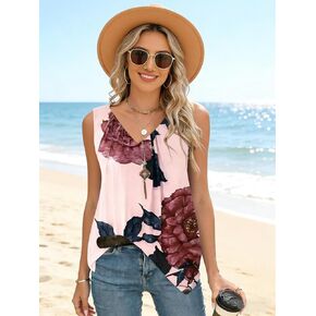Plus-Size Women's Sleeveless Round Neck Casual Printed Loose-Fitting Fashion top, Perfect for Spring and Summer outings in Kuwait