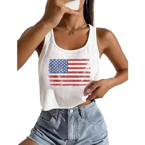 Glitter American Flag Crop Tank Women's USA Stars Stripes Graphic Patriotic Sleeveless Tee 4th of July Tops Shirts in Saudi Arabia