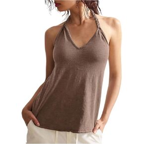 OYOANGLE Women's Open Back Halter Top Braided Strap V Neck Sleeveless Shirts Boho Summer Beach Vacation Tops in Kuwait