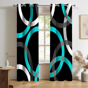Teal Black Curtains for Bedroom Grey White Turquoise Aqua Modern Abstract Geometric Circle Striped Blackout Curtains Room Darkening Grommet 2 Panels Window Drapes for Living Room 42x84Inches in Saudi Arabia