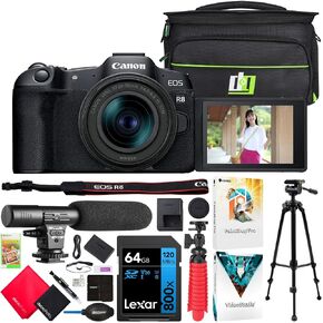 Canon EOS R8 Full Frame Plate Liremless Camera Body مع RF 24-50 مم F4.5-6.3 هو حزمة STM Lens 5803C012 مع حقيبة التصوير الفوتوغرافي DECO + ميكروفون + ترايبود + برنامج وملحقات. in Kuwait
