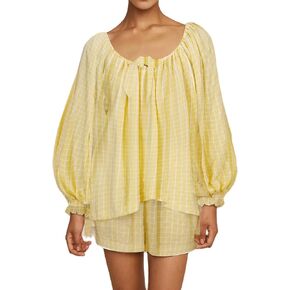 Women Gingham Pajama Set 2 Piece Y2k Long Puff Sleeve Babydoll Shirt Top Ruffle Plaid Shorts Matching Pj Set in Saudi Arabia