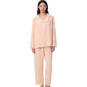 Womens Cotton Gauze Pajama Set Plaid Lace Trim Long Sleeve Tops Pants 2 Piece Loungewear Gingham Pj Sets in Saudi Arabia