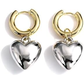 QueenBee Heart Hoop Earrings for Women – Gold & Silver Plated Mixed Metal Dangle Earrings, Puffy Teardrop Trendy Earrings, Hypoallergenic Mixed Metal Jewelry, Fashionable Statement Gift for Birthday, Mother's Day, Wedding Bridesmaids in Saudi Arabia