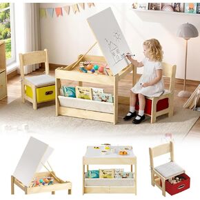 Toddler Table and Chair Set, Wooden Kids Table and Chairs with Adjustable-Height Tabletop, Kids Activity Table with Safety Hinges, Storage Drawers & Bookshelf for playroom Nursery Daycare in Saudi Arabia