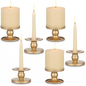 Gold Candle Holders Set of 6, Reversible Pillar Candle Holder and Taper Candles Stand, Metal Table Centerpiece for Wedding Dining Room Holiday Decor in Saudi Arabia